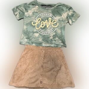 Green Camo Love T-Shirt and Tan Corduroy Skirt Set